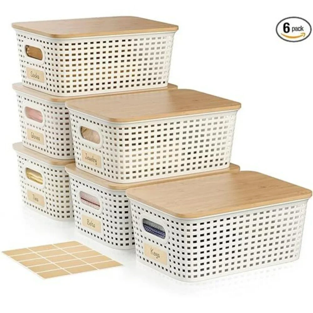 Plastic Storage Bins with Bamboo Lids 6 Pack Stackable Closet Organizer White